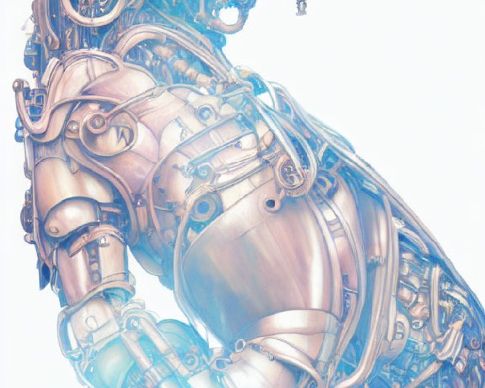 Detailed futuristic humanoid robot with intricate mechanical features in ethereal glow