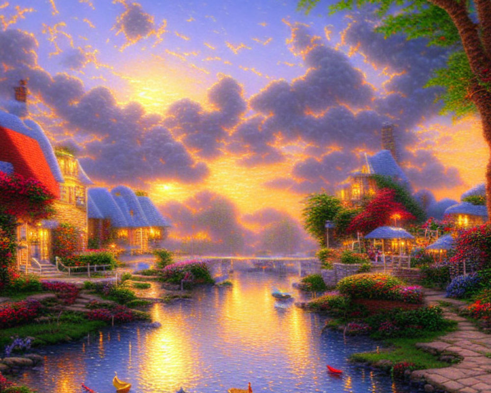 Tranquil village sunset scene with river, cottages, flowers, and boats