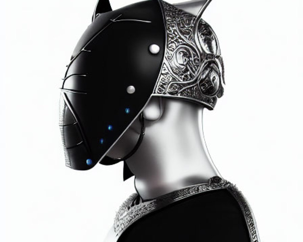 Futuristic cat-themed helmet on mannequin head with LED lights