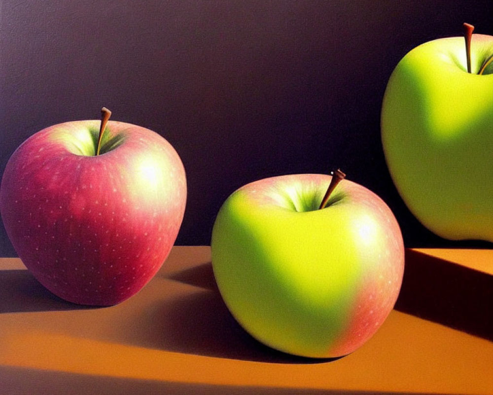 Hyperrealistic apples: two red, one green, on two-tone surface with shadows, artist signature