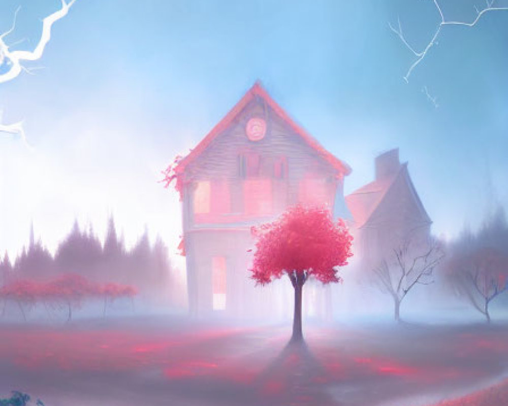 Ethereal foggy landscape with two-story house and red tree