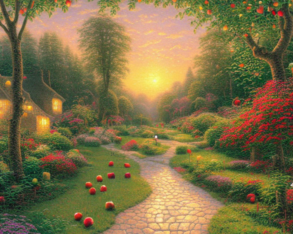 Tranquil sunset garden with cobblestone path, lush greenery, vibrant flowers, fruit trees