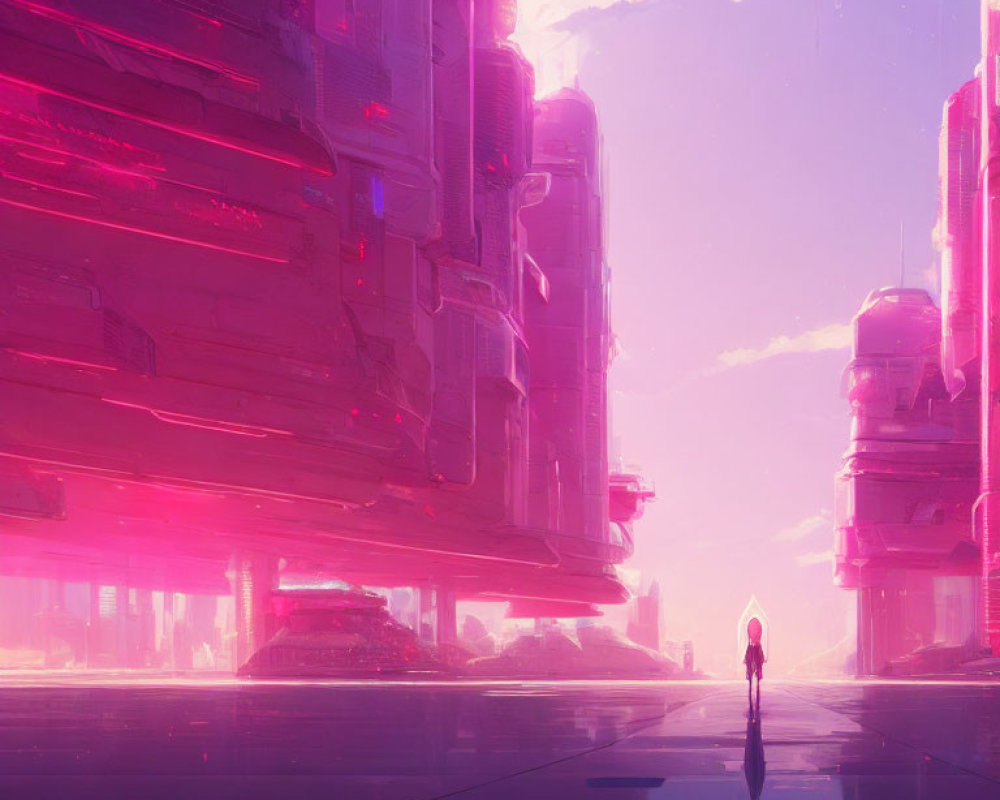 Futuristic cityscape with person in pink and purple hues