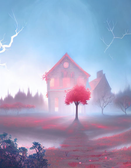 Ethereal foggy landscape with two-story house and red tree