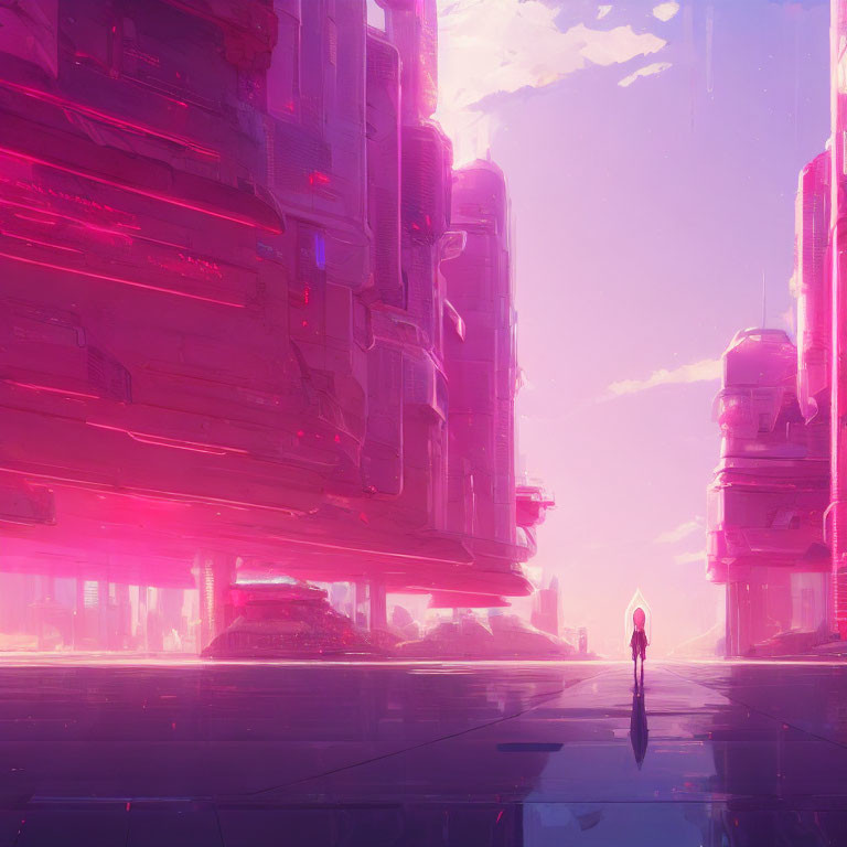 Futuristic cityscape with person in pink and purple hues