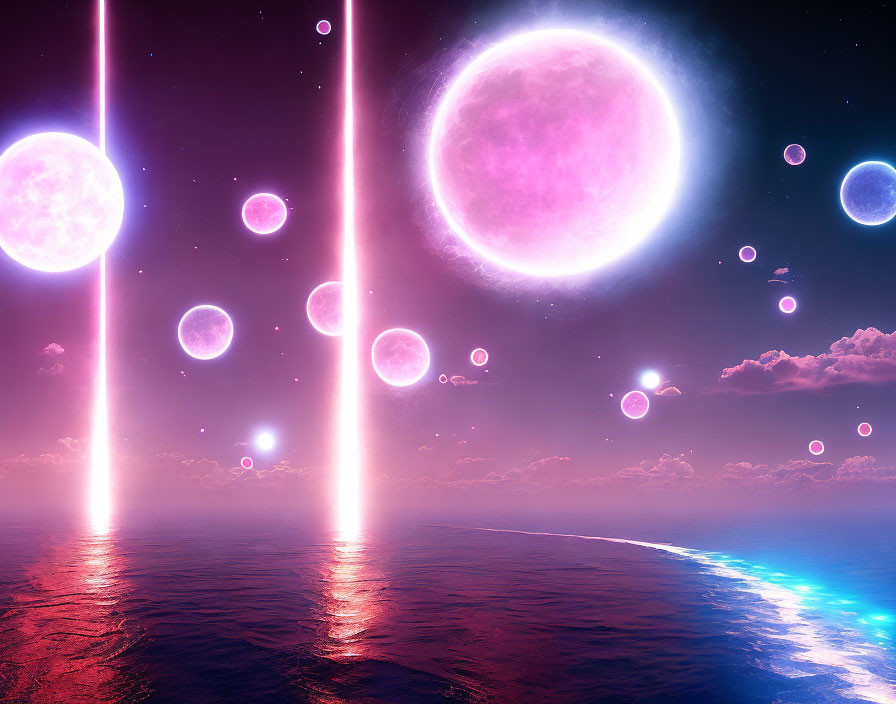 Cosmic seascape with glowing orbs and starlight reflections