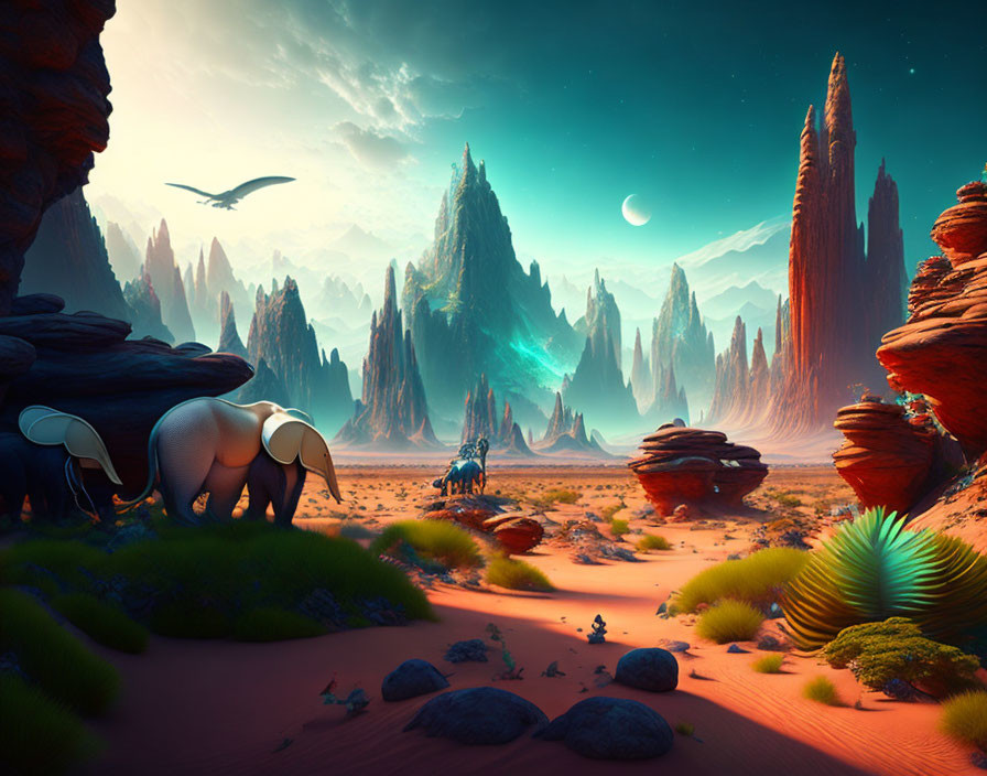 Fantasy landscape with rock formations, elephant-like creature, humanoid figure, plant life, moon, and