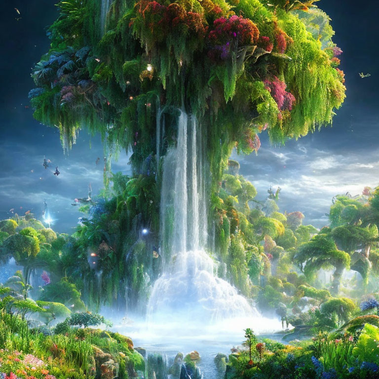 Fantastical Floating Island with Lush Greenery and Waterfalls