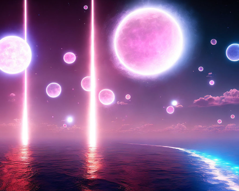 Cosmic seascape with glowing orbs and starlight reflections