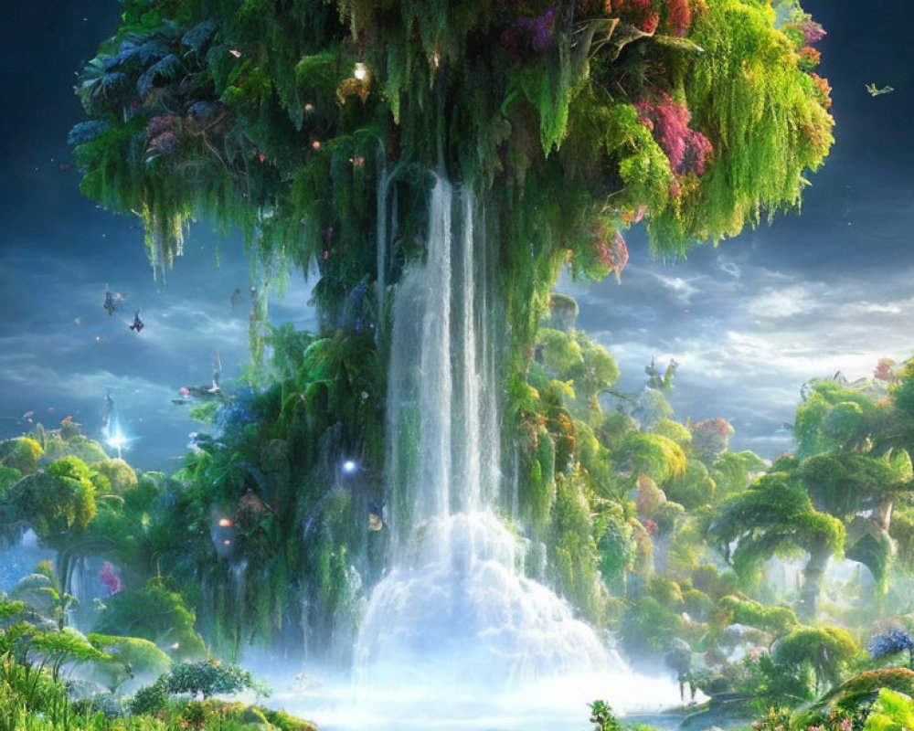 Fantastical Floating Island with Lush Greenery and Waterfalls