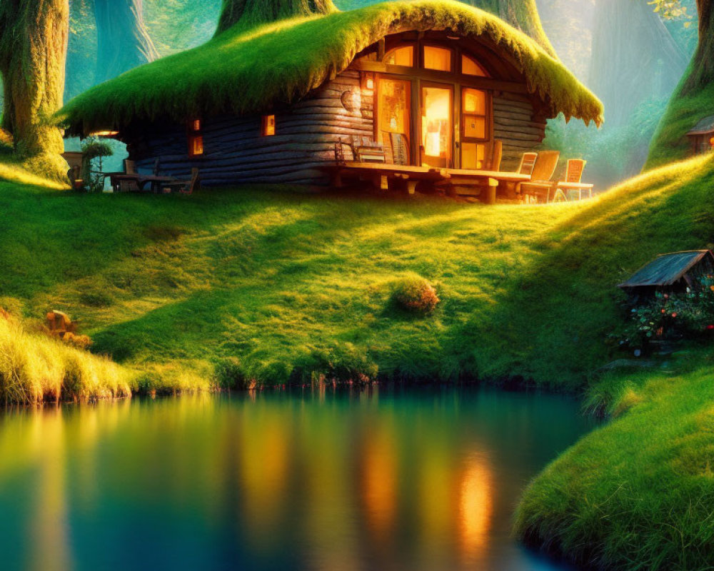 Thatched Roof Wooden Cottage in Green Landscape by Tranquil Pond