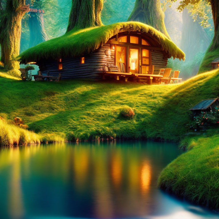 Thatched Roof Wooden Cottage in Green Landscape by Tranquil Pond