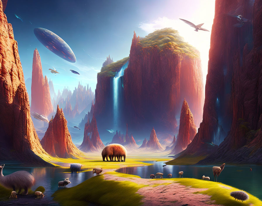 Majestic alien landscape with rock formations, lake, creatures, and spacecraft.