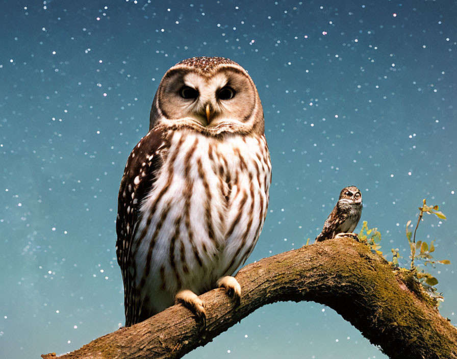 Two owls perched on branch under starry sky.