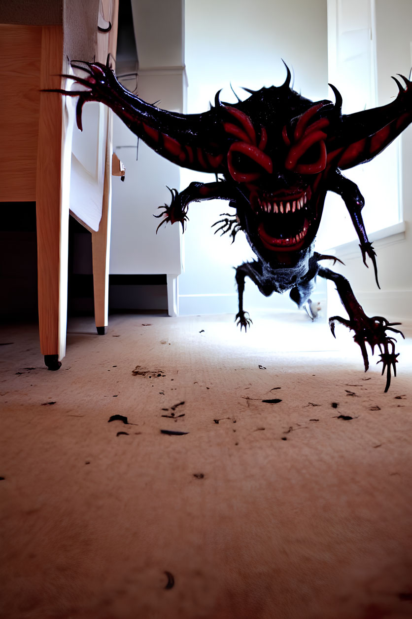 Stylized creature with sharp teeth and claws on carpet floor