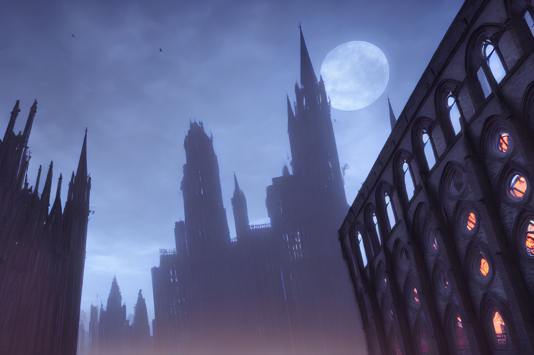 Gothic cityscape with silhouetted spires and full moon at twilight