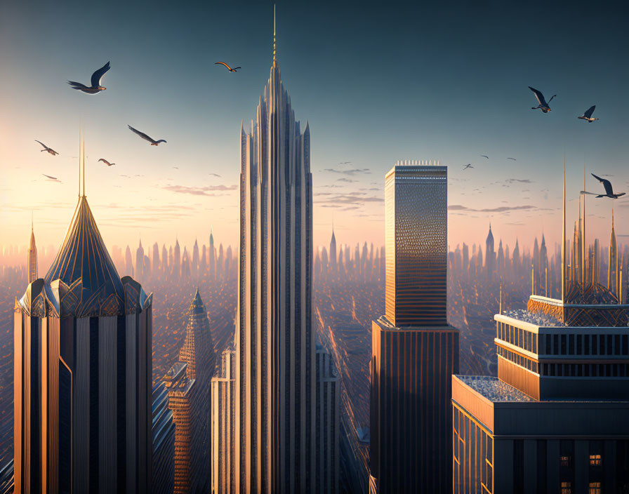 Futuristic cityscape at sunrise with skyscrapers and flying birds.