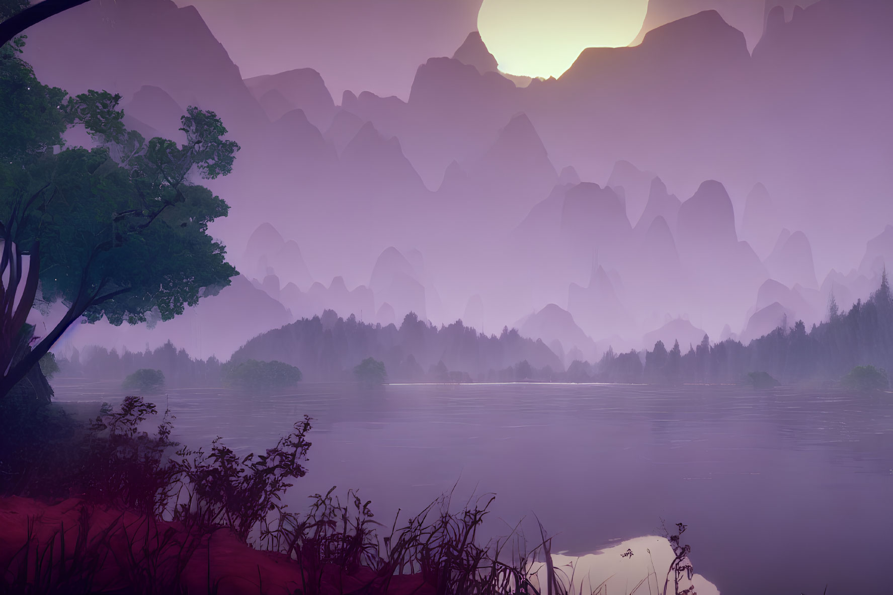 Tranquil purple landscape with misty lake, setting sun, and tree