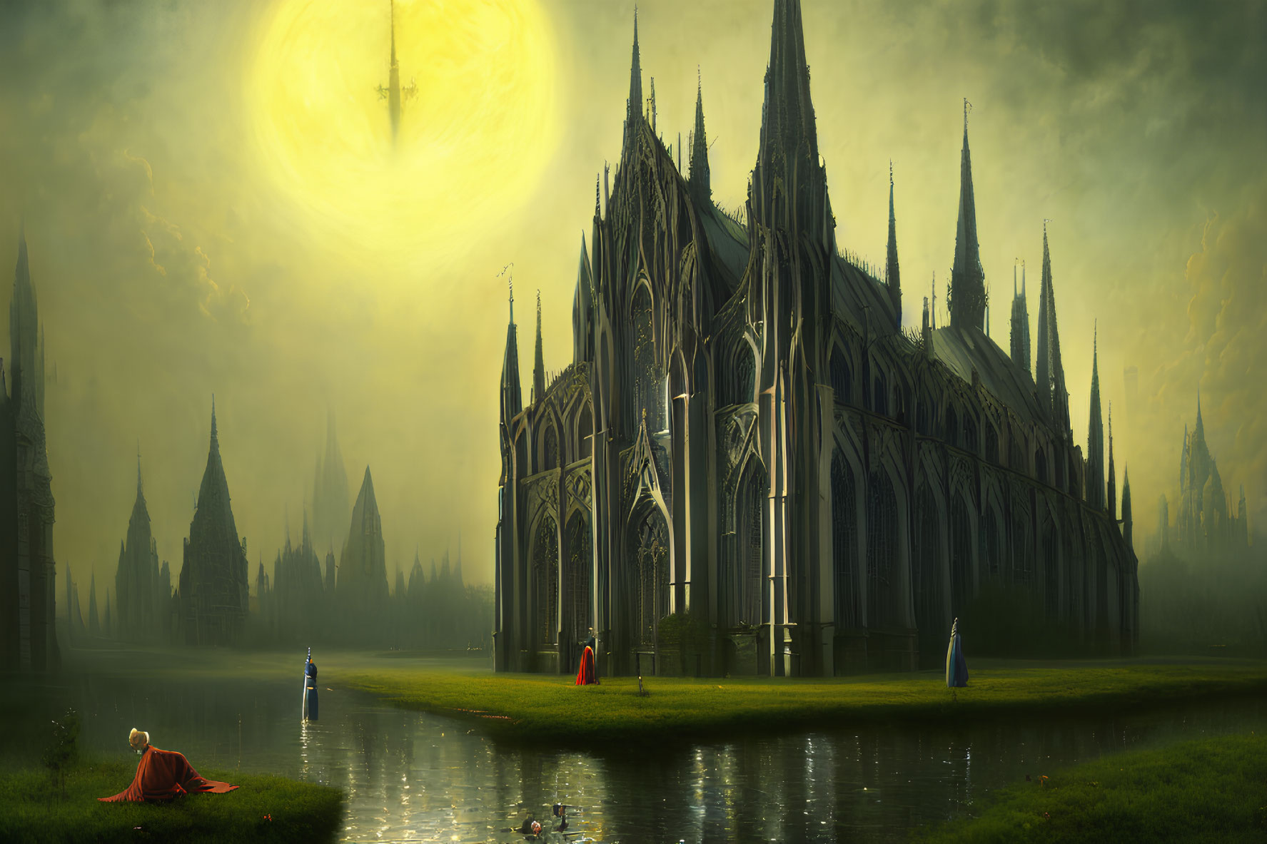 Gothic Cathedral and Figures in Colored Robes in Mystical Landscape