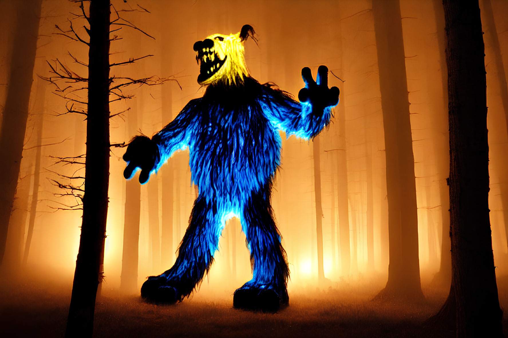 Blue Monster Costume in Foggy Forest at Night Making Peace Sign