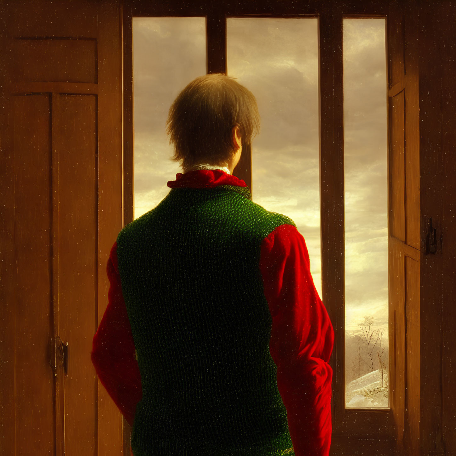 Person in Red and Green Sweater Watching Sunrise Over Winter Landscape