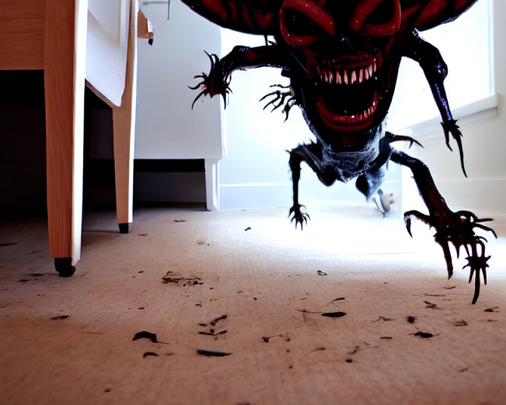 Stylized creature with sharp teeth and claws on carpet floor