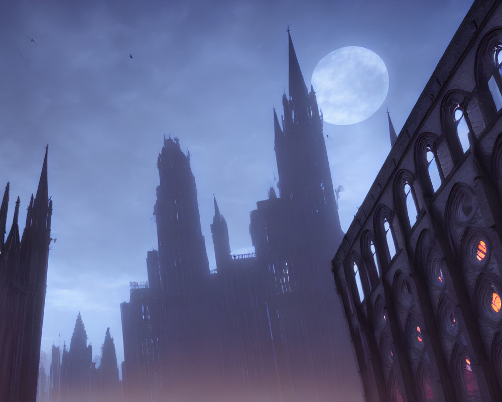 Gothic cityscape with silhouetted spires and full moon at twilight