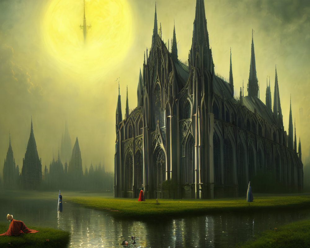 Gothic Cathedral and Figures in Colored Robes in Mystical Landscape