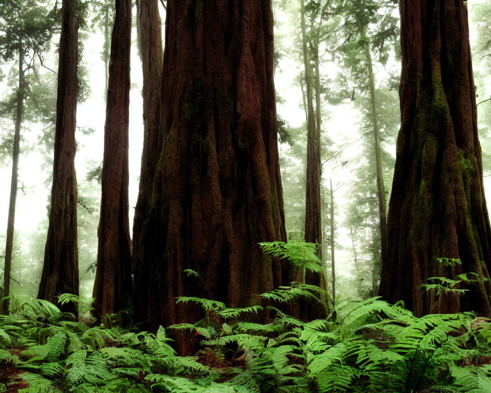 Towering Redwood Trees in Misty Forest Scene