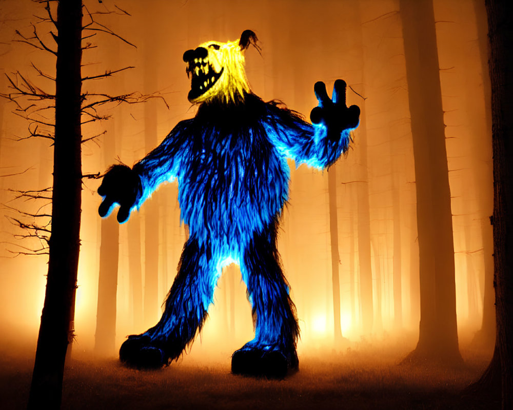 Blue Monster Costume in Foggy Forest at Night Making Peace Sign