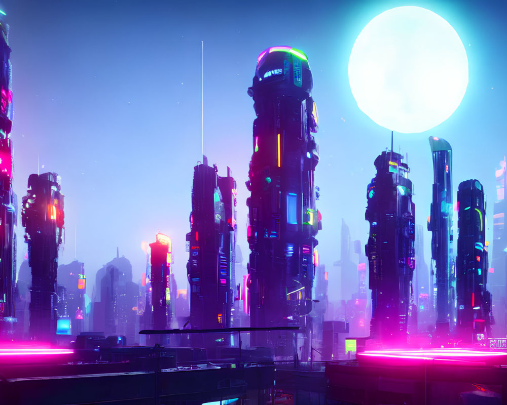 Futuristic neon-lit cityscape with towering skyscrapers at night