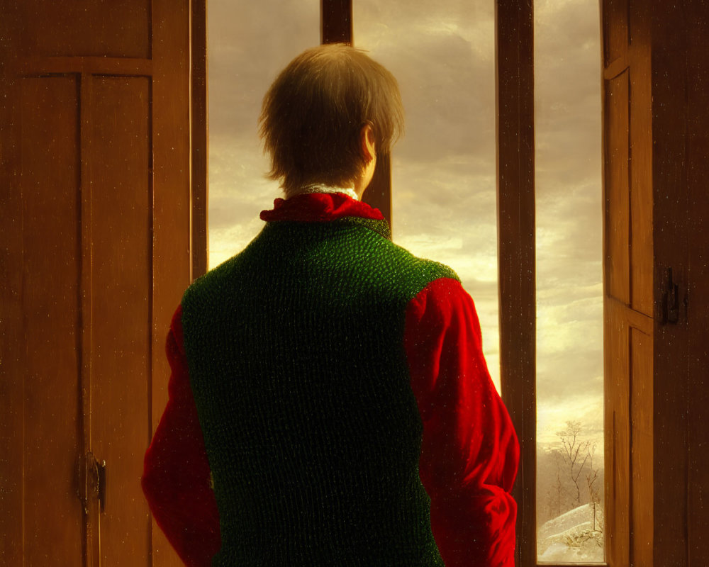 Person in Red and Green Sweater Watching Sunrise Over Winter Landscape