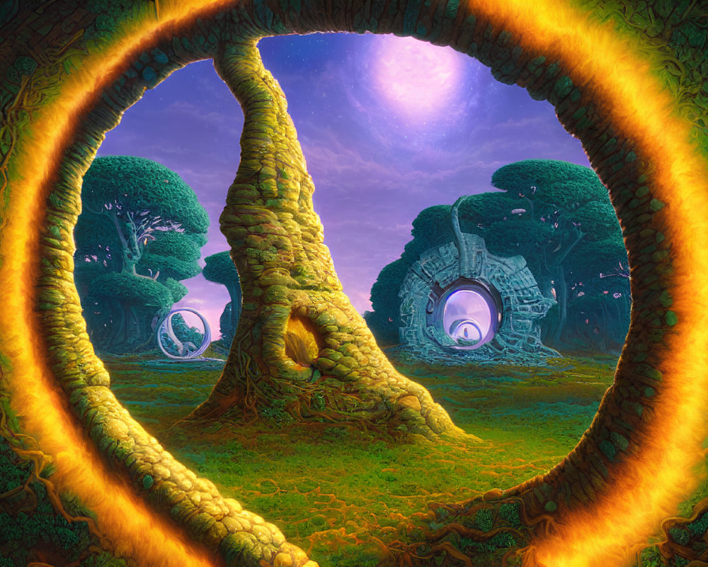 Fantastical Landscape with Spiraled Tree and Portals in Dreamlike Setting