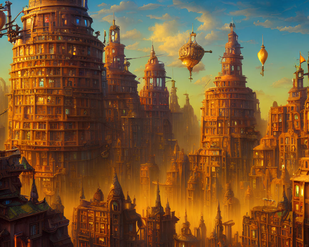 Steampunk-style cityscape with airships at sunset