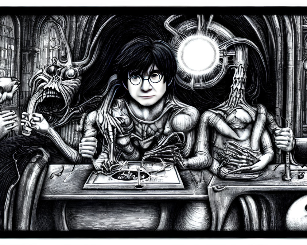 Boy with glasses writing in a book surrounded by magical creatures in dark, eerie room