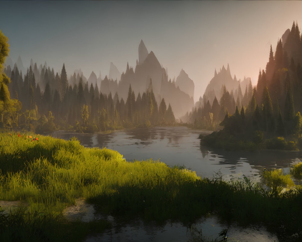 Tranquil River Landscape with Forests and Mountains at Sunrise