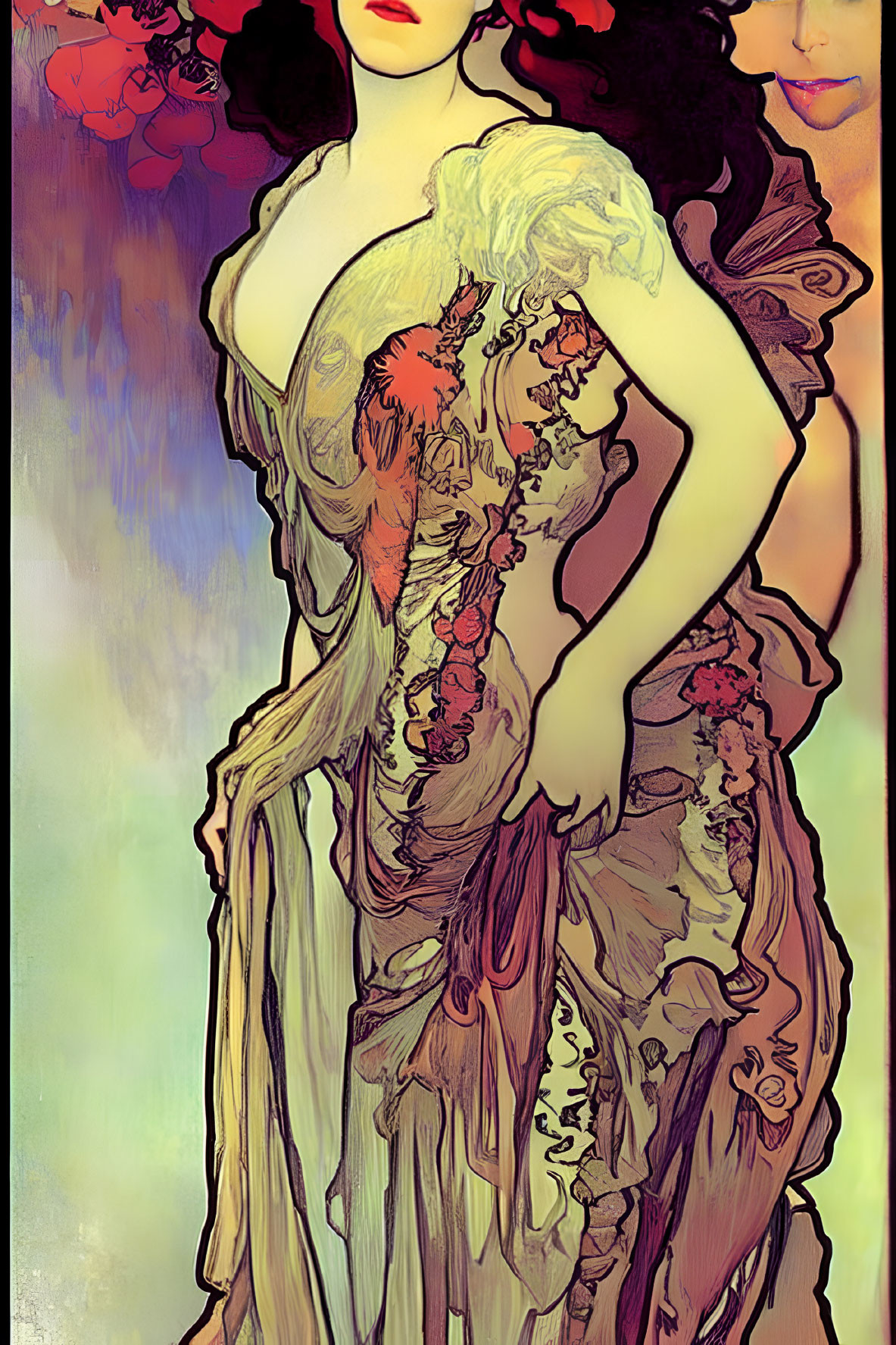 Illustration of woman in ornate Art Nouveau dress on gradient background