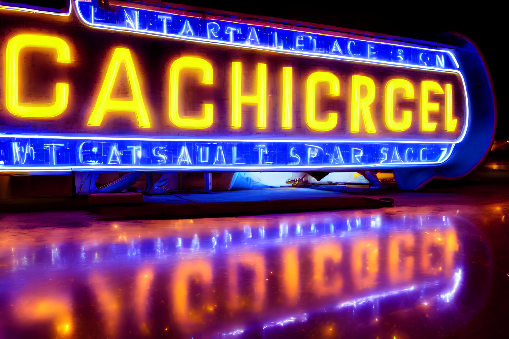 Colorful neon sign "CACHICOCHEL" reflected on wet surface at night