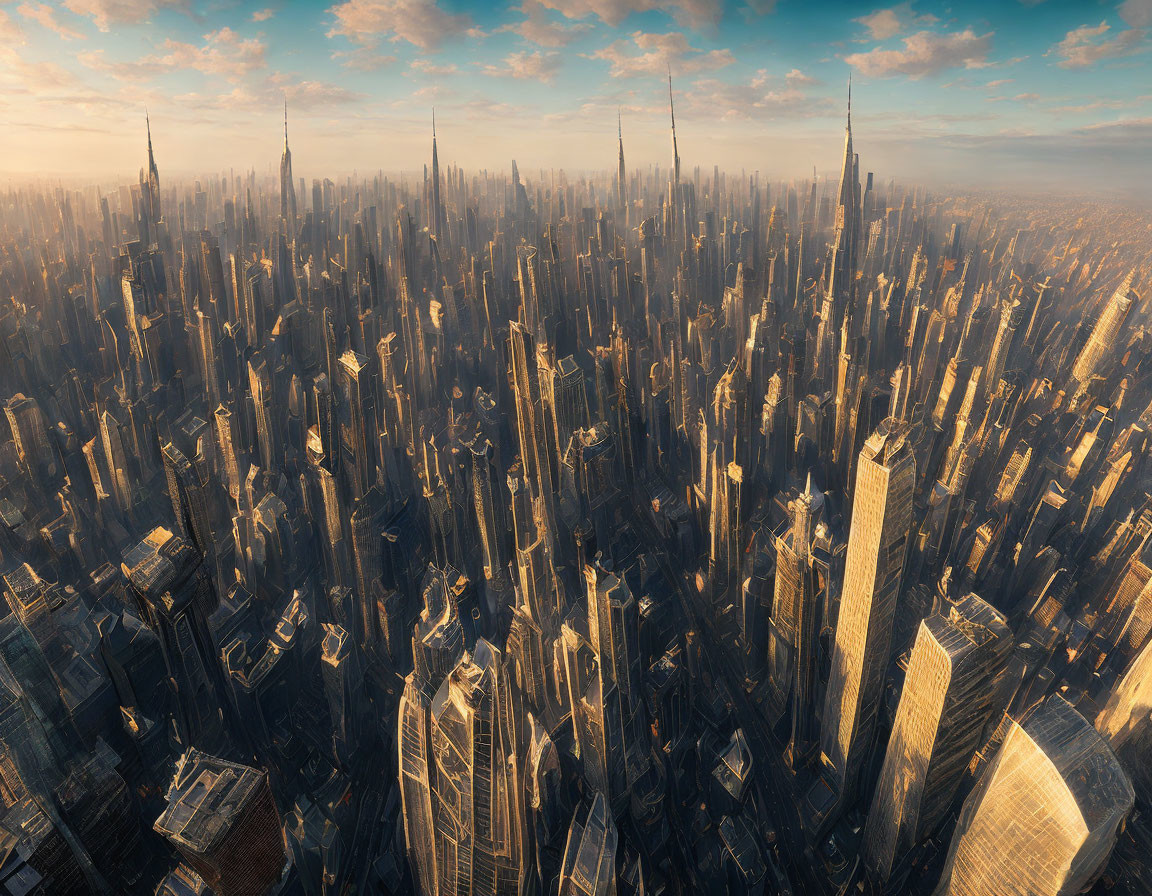 Futuristic cityscape with dense skyscrapers at sunset