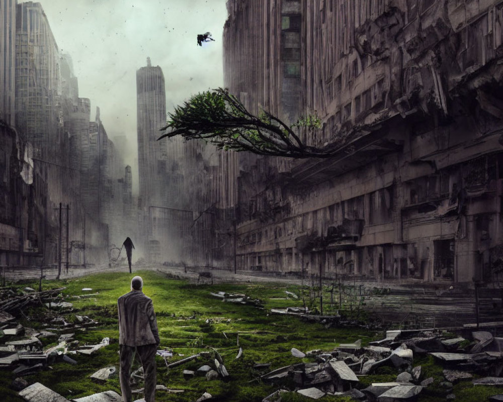 Man standing in overgrown cityscape with floating island and ruins