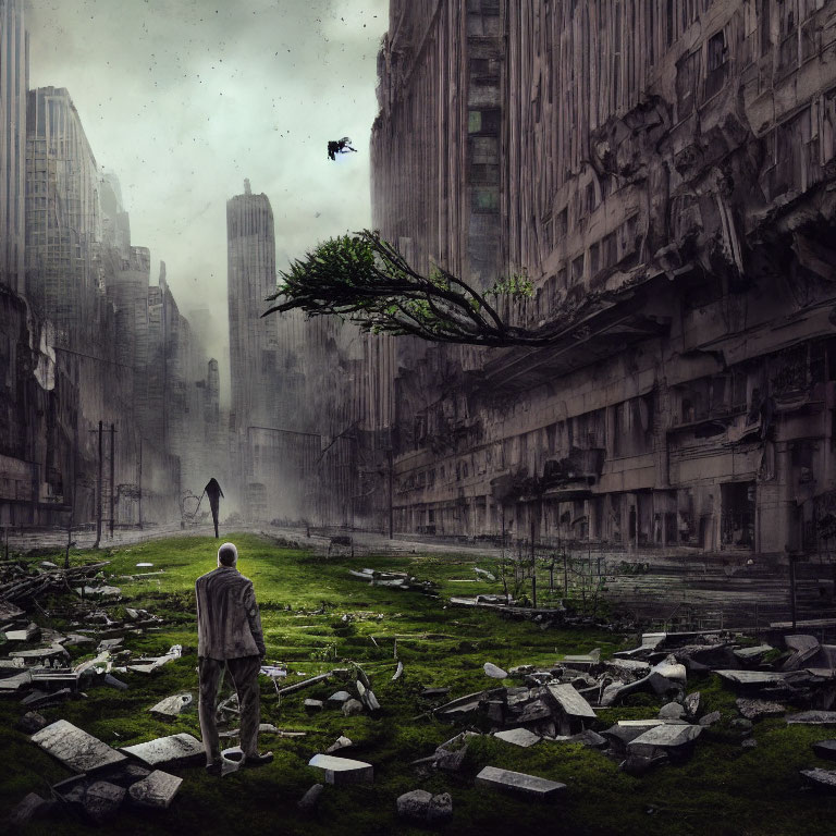 Man standing in overgrown cityscape with floating island and ruins