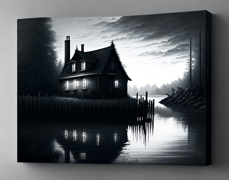 Monochrome painting of a tranquil riverside scene at twilight