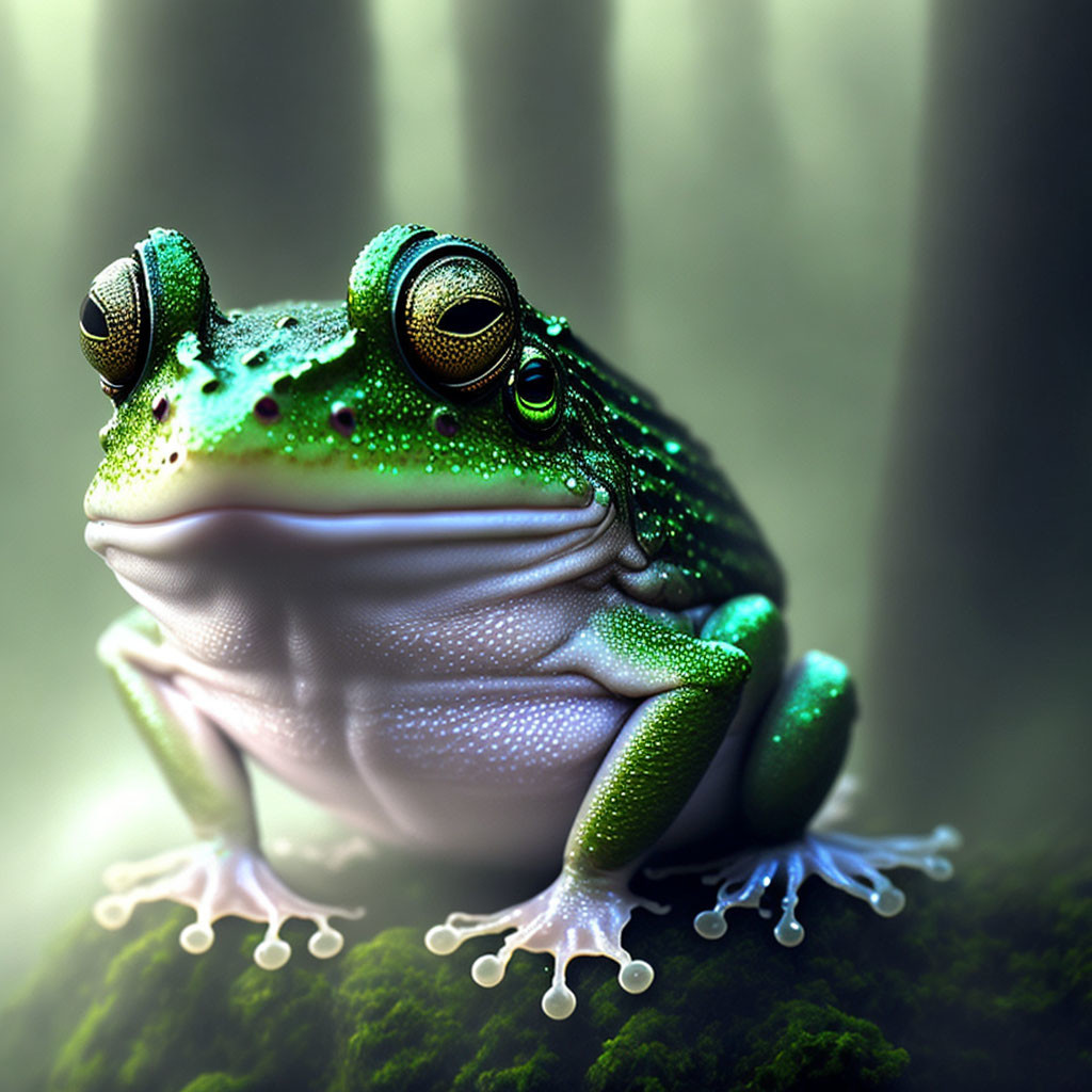 Vibrant green frog with striking eyes on mossy surface in dreamy forest