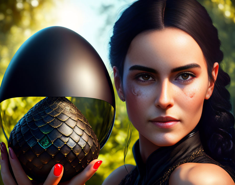 Dark-haired woman with braid holding ornate black-and-gold egg in nature.