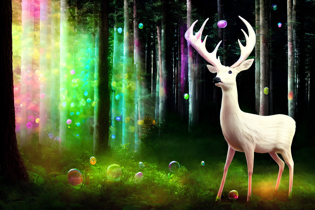 Mystical white deer with towering antlers in enchanted forest