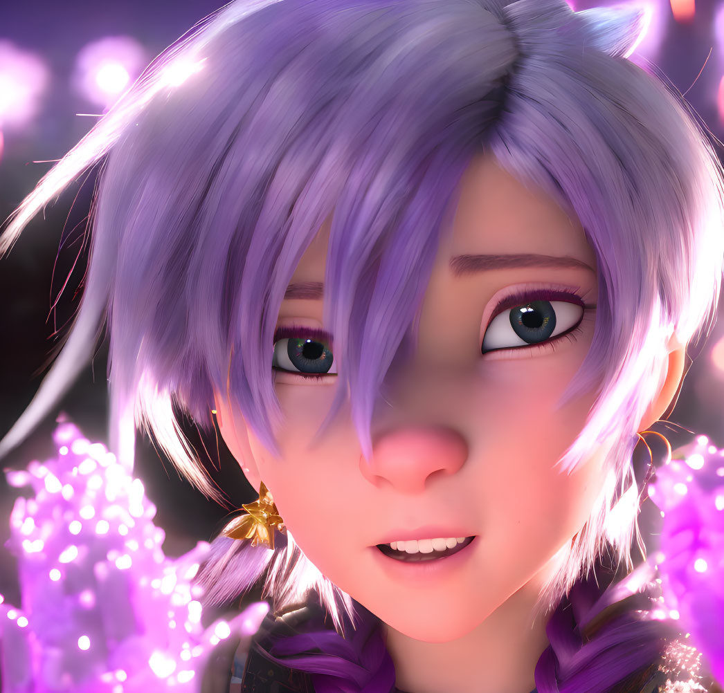 Close-Up of 3D Animated Girl with Purple Hair and Glowing Blue Eyes