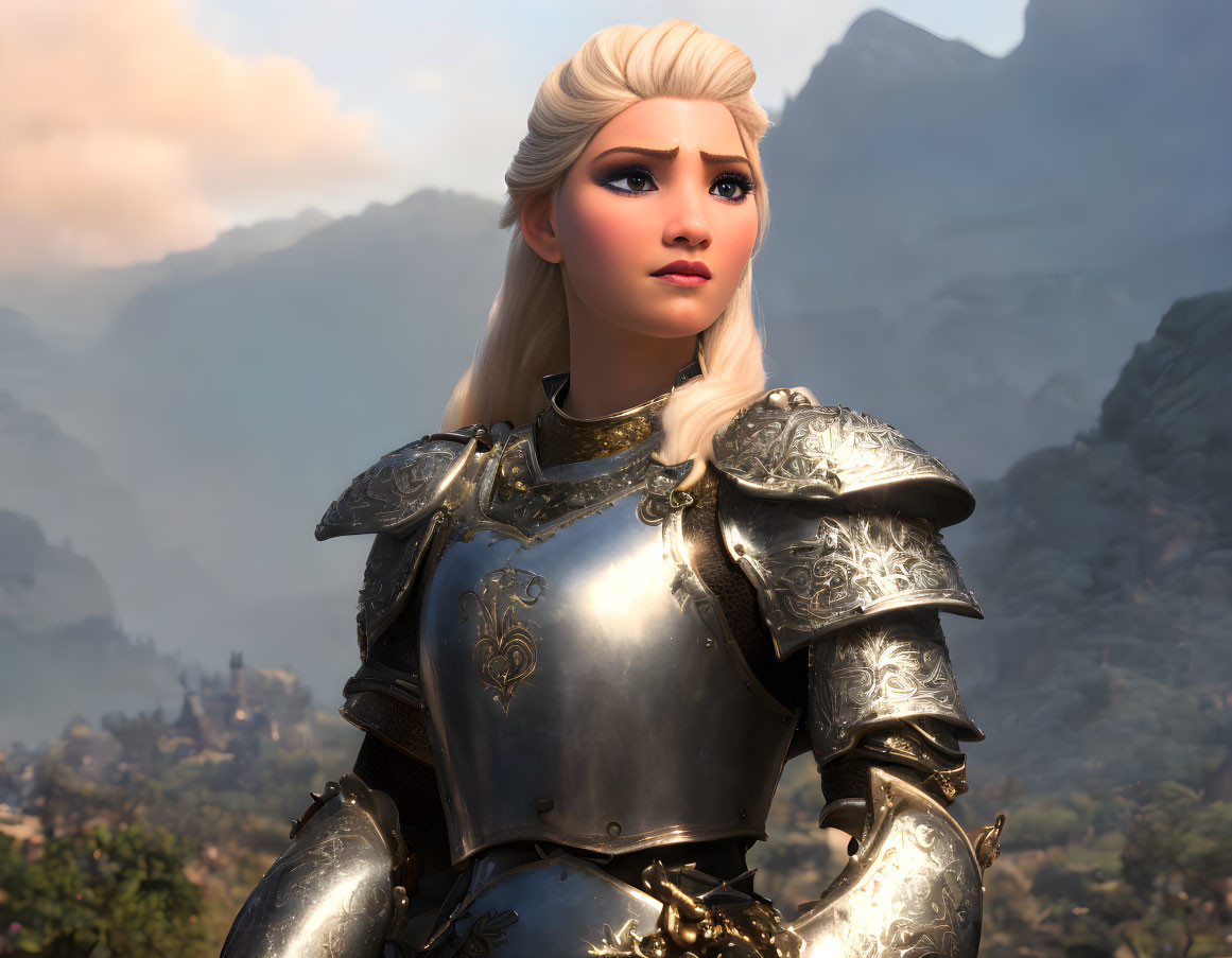 Blonde Female Warrior in Silver Armor on Mountain Background