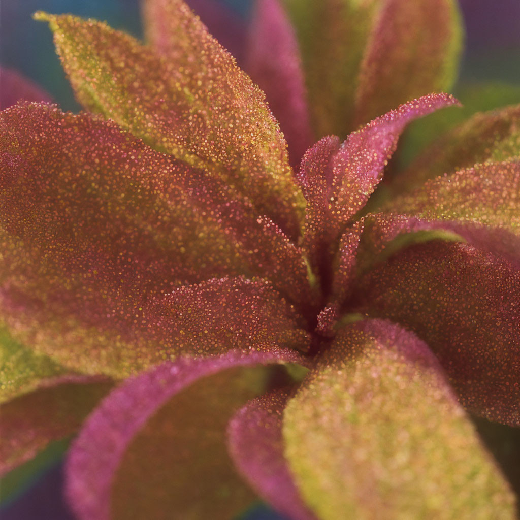 Vibrant dew-covered plant leaves in orange, yellow, and purple hues.