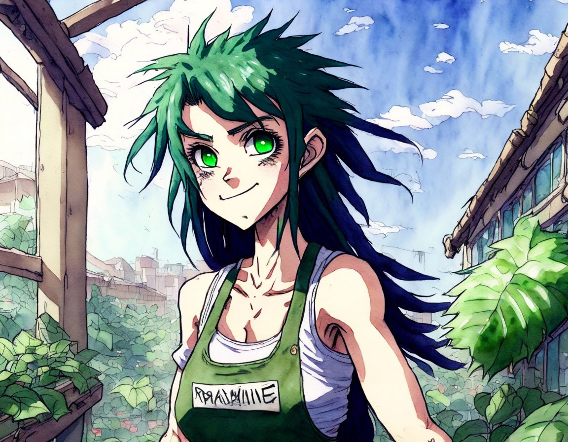 Anime-style illustration of person with spiky green hair, green eyes, tank top, against blue