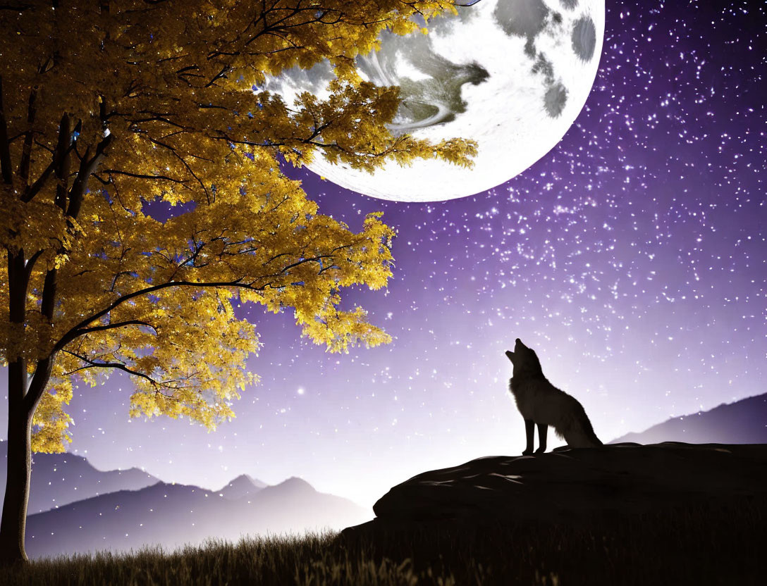 Wolf howling under large moon on cliff with starry sky and autumn tree.